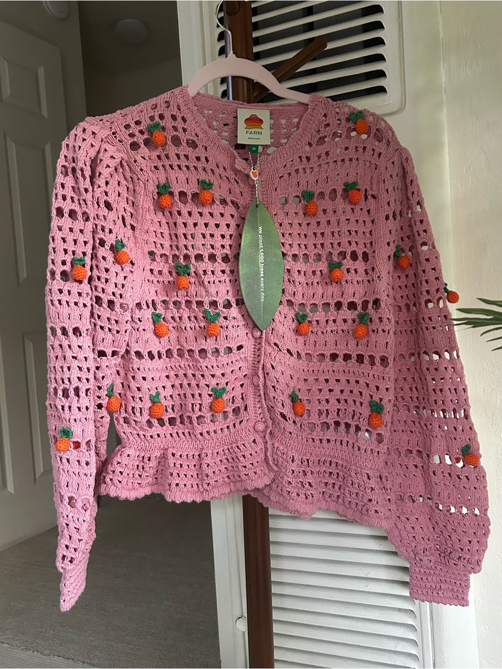 FARM Rio Pink Crochet Pom-Pom Peplum Cardigan - Picture 7 of 15